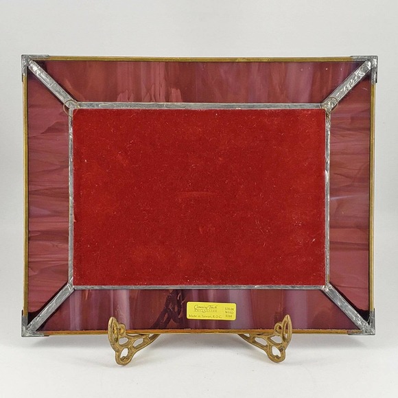 Vintage Pink Swirl Slag Stained Glass Mirror w/ frosted flower & velvet backing - Picture 4 of 4